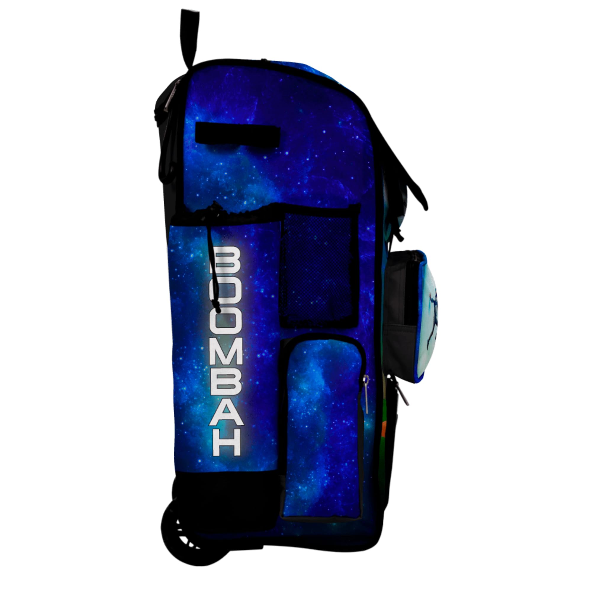 Boombah Rolling Superpack Baseball/Softball Gear Bag - Telescopic Handle - Holds 4 Bats - Wheeled Version - Baseball Beamed Up Black/Cobalt/Kelly Green