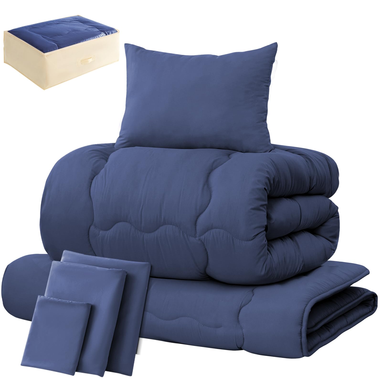 fuwawa Single Comforter Set, 7-piece Set (Navy), Antibacterial, Odor Resistant, Washable, Comforter Set, Storage Case, Solid Cotton Triple Layer Mattress, Comforter, Pillow, Includes Covers, Soft