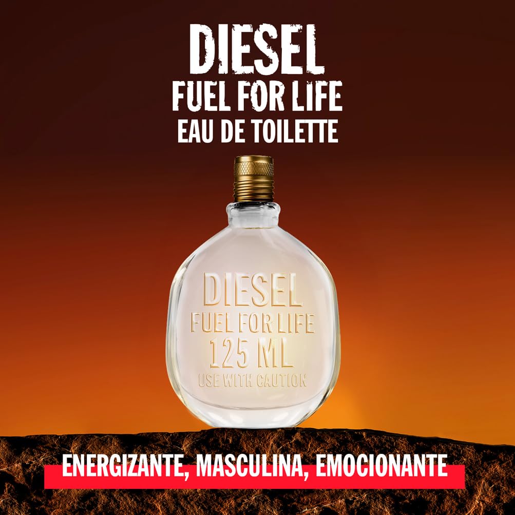 Diesel Fuel for Life, Agua de Perfume para Hombre en Vaporizador Spray, Fragancia Sensorial, 125 ml | Familia fougère, con pomelo, pimienta rosa, lavanda y heliotropo, para un aroma sensual y adictivo