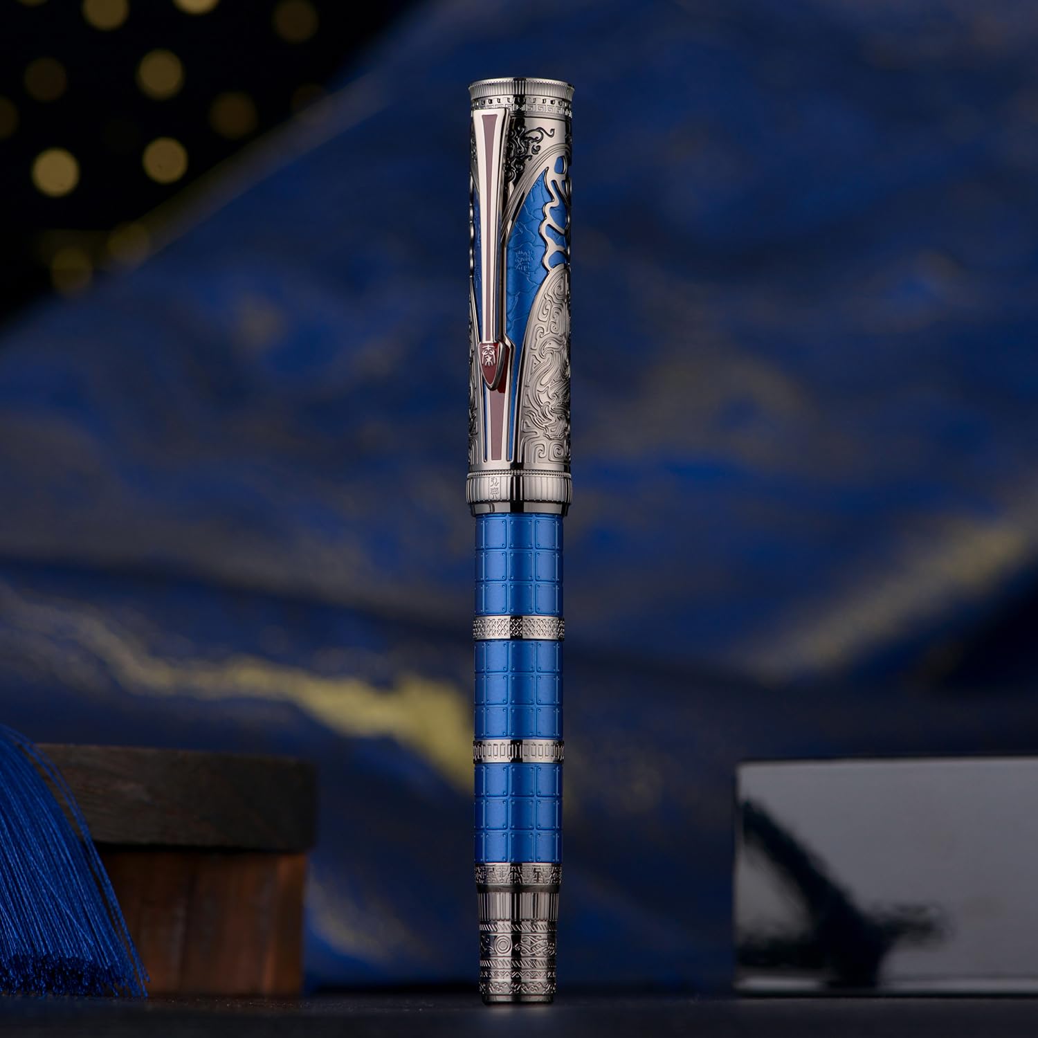Hongdian D5X Fountain Pen Blue Color Fine Nib, Qin Dynasty Retro Chinese Totem Engraving Smooth Writing Pen with Converter and Pen Box Set - Image 3