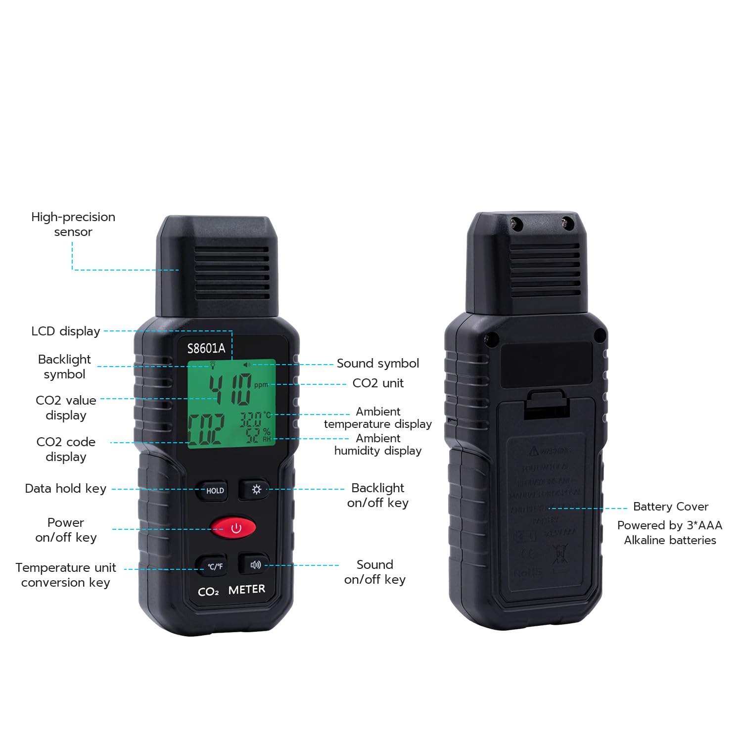 Mcbazel Moniteur de Qualité de l'Air 3 en 1,Détecteur CO2,Mètre de Température et d'Humidité,Mètre Environnemental Infrarouge CO₂ Support Rappel Vocal/Lumière pour Ecoles, Maisons,Bureaux,Lieux Public