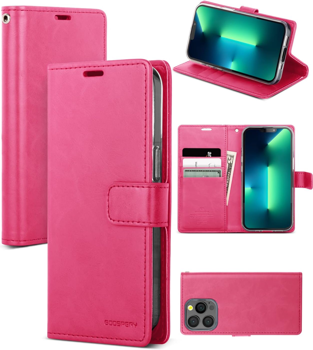 GOOSPERY Bluemoon Wallet Compatible with iPhone 13 Pro Case, Premium PU Leather Standing Feature Flip Card Holder Phone Cover (Hot Pink)