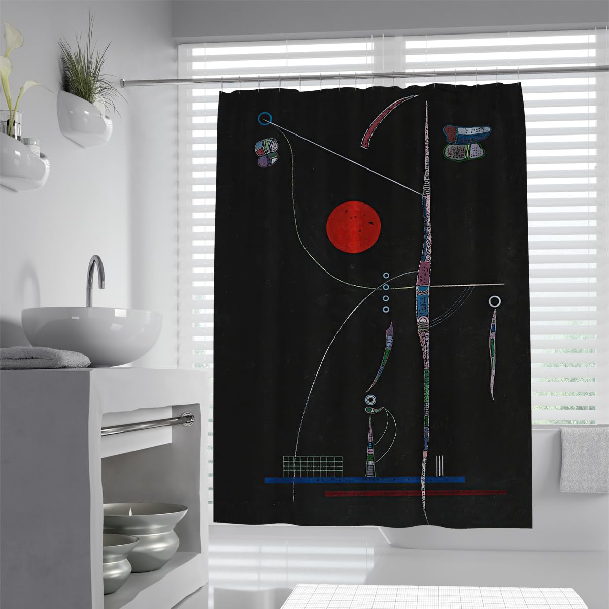 Abstrakte Kunst Duschvorhang Einfache geometrische Designs Berühmte Malerei Drucken Badezimmervorhänge für die Badewanne Dekor Schwarzer Hintergrund 180 x 180 cm