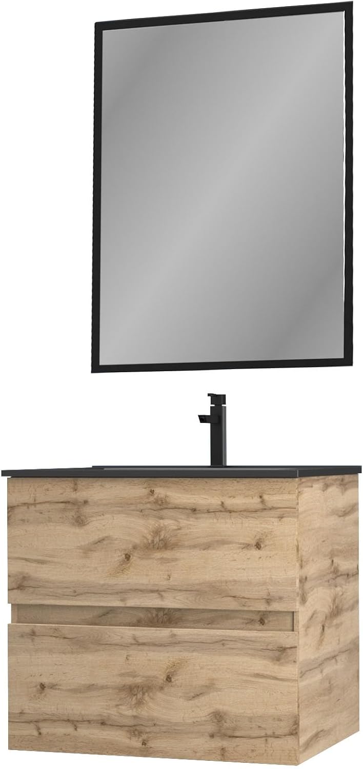 Timber 60_Pack07 Bathroom Cabinet 60 cm with 2 Drawers Chene_Sink Black + Mirror
