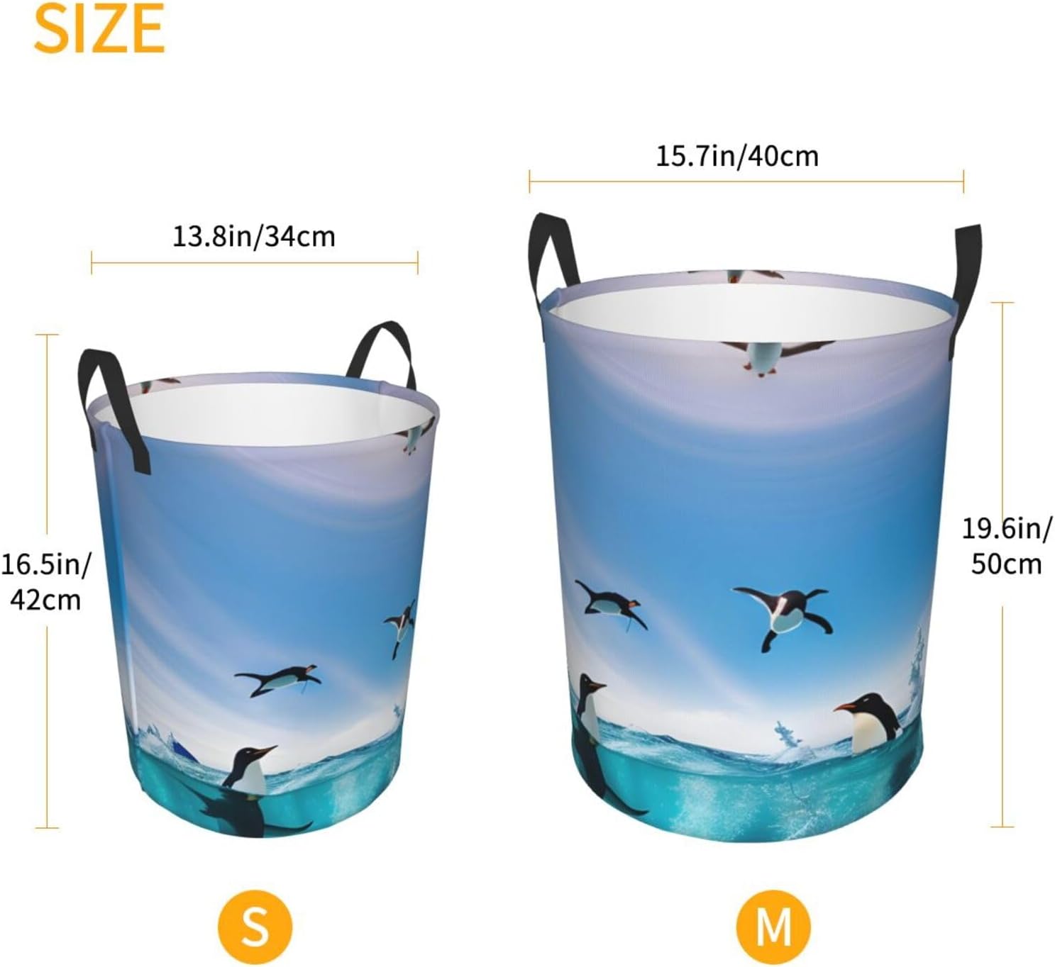 Happy Penguin In The Water Print Circular Protable Storage Bin,Basket For Laundry Hamper With Handles Bedroom Clothes