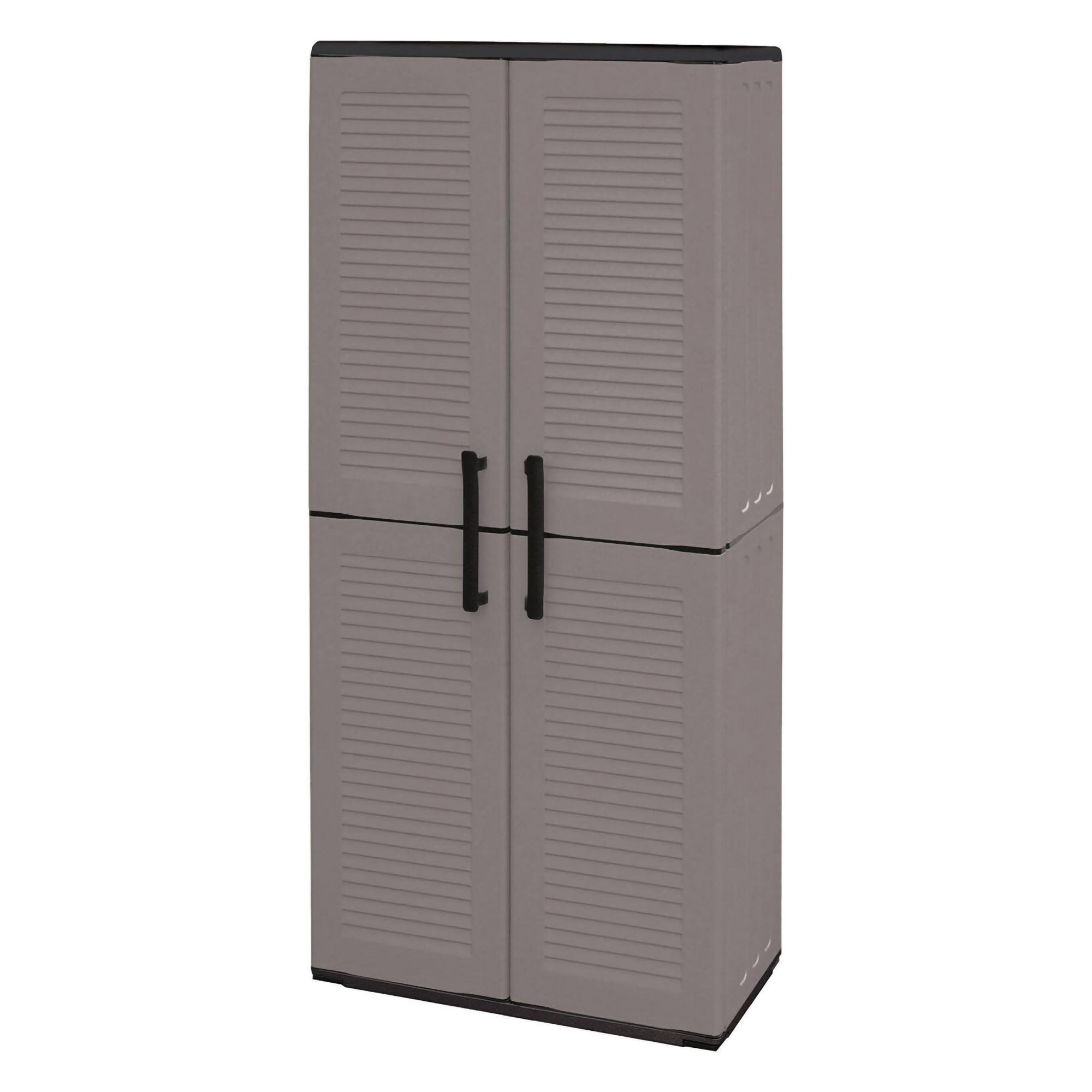 Dmora - Armadio da esterno Clavier, Mobile da balcone, Armadio multiuso con ripiani, 100% Made in Italy, 68x37h163 cm, Grigio e Nero, Finitura righe