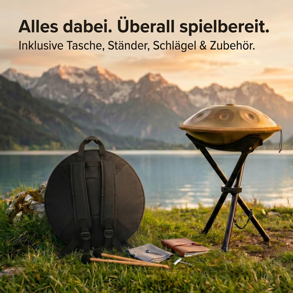 Handpan 22 Zoll 12 Töne D-Kurd 440Hz Gold Trommel Set für Meditation Yoga Klangheilung Legierter Stahl inkl Tasche Ständer Schlägel Reinigungstuch Notenaufkleber