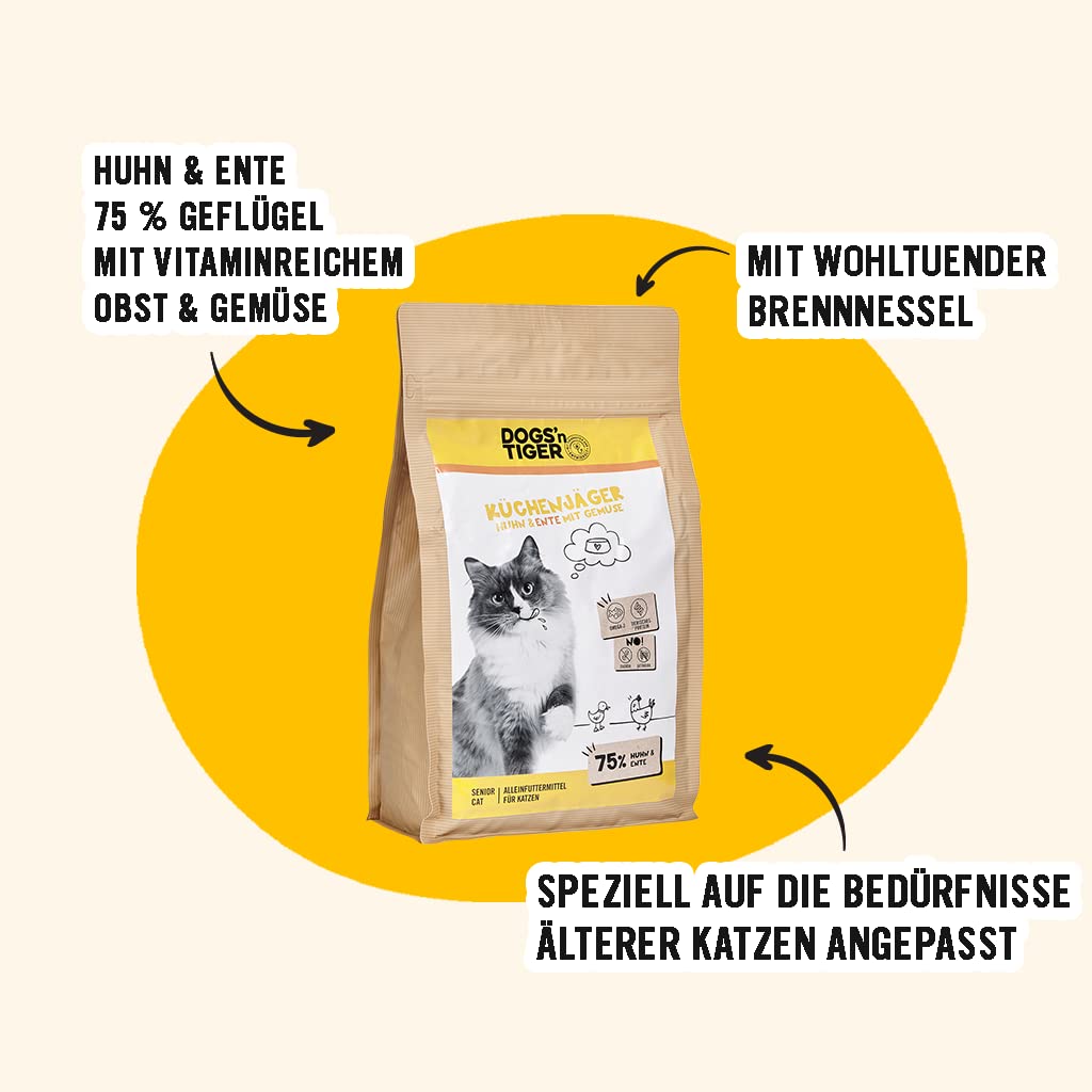 Dogs’n Tiger Adult, Senior Premium Katzenfutter, Trockenfutter für Katzen, 75% Fleischanteil – ohne Zucker & Getreide, Huhn und Ente, 10kg