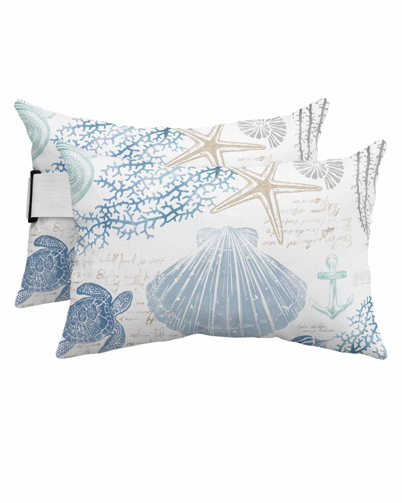 Outdoor Pillows Covers with Inserts Summer Ocean Navy Blue Coral Starfish Seashells Turtle Seaweed Waterproof Pillow Adjustable Strap Throw Pillows for Patio Furniture Lounge Chair, 11x16 Inch, 2PCS