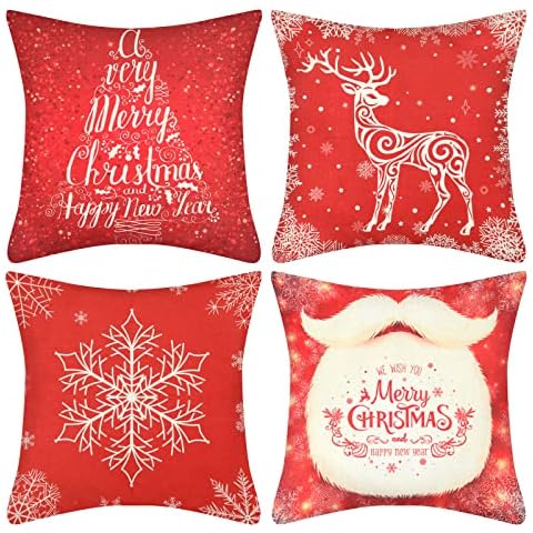 Cushion Cover Merry Christmas Red Decorative Cushion Cover Christmas Pattern Winter, Set of 4 Linen Decorative Cushion Couch Cushion for Living Room Bedroom Couch and Gift 45 cm x 45 cm Cover