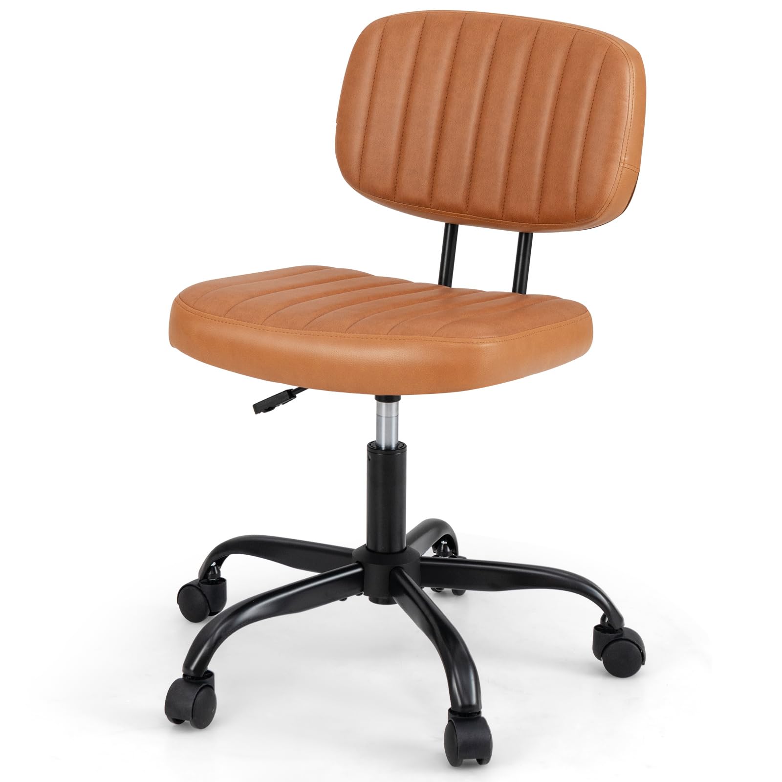 GYMAX Silla de Oficina con Ruedas, Silla Ergonómica de Cuero Sintético, Silla de Escritorio sin Brazos, Cojín Grueso Acolchado, Altura Ajustable, Base Metálica, para Sala de Estar, Dormitorio