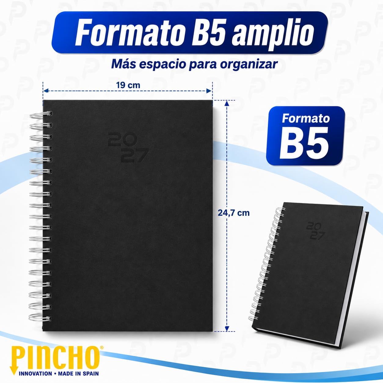 Pincho Agenda annuel 2026 journalier à spirale 24,5 x 19,5 cm, B5 avec couverture rigide, agenda journalier, sab. et dim. même page, calendrier, agenda scolaire (Marino)