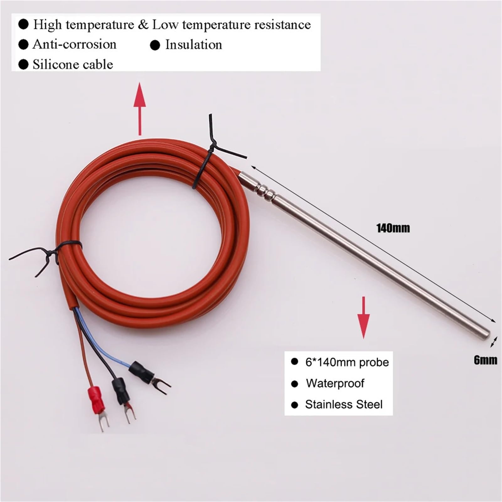 6 * 140mm 3 cables tipo PT100 termopar sonda de temperatura impermeable sensor de termopar de alta temperatura con cable de silicona(With 3m cable)