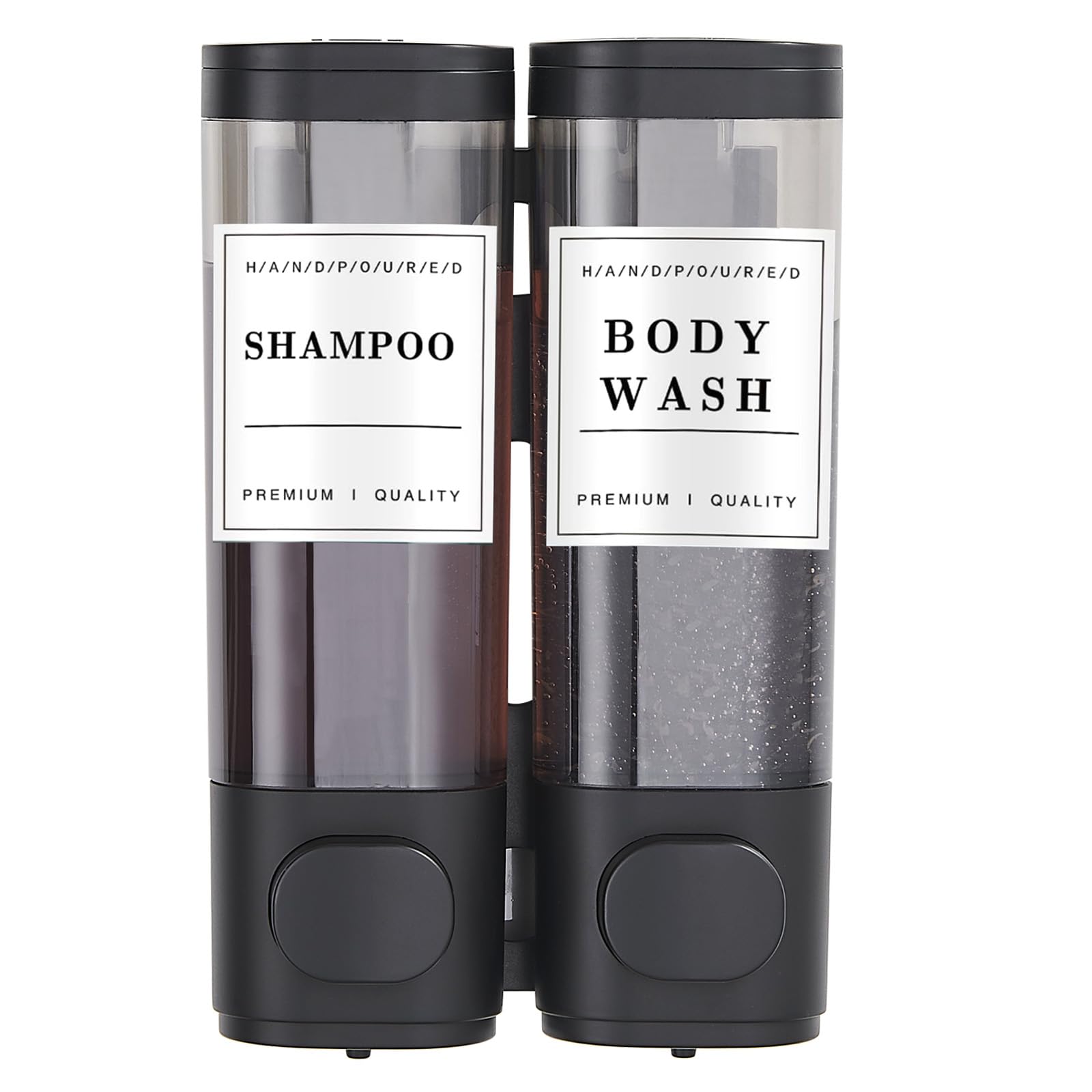 Shower Soap Dispenser 3 Containers, No Drill – Dispenser for Shampoo, Conditioner and Shower Gel Large Capacity (2 x 300 ml, Silver) for Bathroom, Kitchen, Hotel Black 2 Chambers Global Recycled Standard Global Recycled Standard Global Recycled Standard