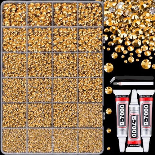 Image of 25000Pcs Resin Rhinestones with Tweezers for Crafting, Gold Flatback Gems, Bedazzling Crystal with 3Pcs 10ml B7000 Jewelry Glue for DIY Crafts Clothing Tumblers Shoes Fabric Nail Art