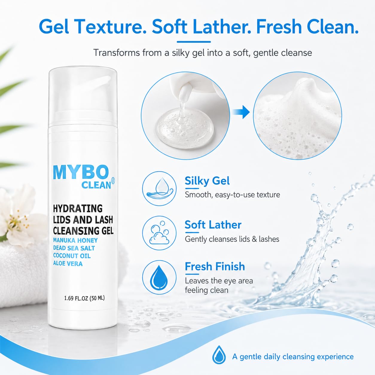 Mybo Clean Eyelid Cleansing Brush for Sensitive Skin (1 Pc) + Hydrating Lids and Lash Cleansing Gel (1Pc) + Travel Bag Ideal for Gentle Cleansing of the Eyelids On the Go