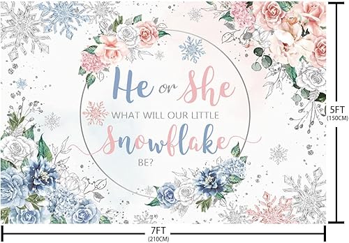 Miniatura 5 de Telón de fondo de revelación de género de copo de nieve de invierno de 7 x 5 pies con purpurina plateada para niño o niña, fondo floral rosa y azul
