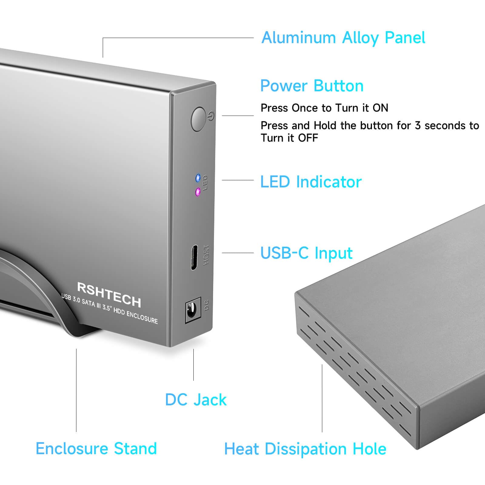 RSHTECH Boîtier de disque dur externe 3,5" en aluminium USB C vers SATA pour disque dur externe 3,5" et SSD jusqu'à 22 To, avec câble USB 2 en 1, prend en charge UASP