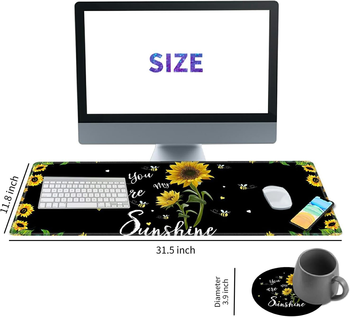 Desk Pad Mat Large Mouse Pad XL Extended Mousepad Gaming with Sunflower 31.5" *11.8" Huge Mouse Pads for Computer Laptop Home Office + Cup Coaster, You are My Sunshine