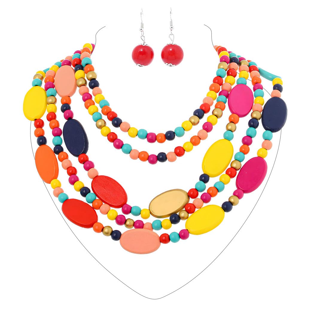 FstrendStatement Layered Necklace Multicolor Wood Beaded Bib Necklaces Long  Multi Strand Costume African Choker Earrings Set for Women, Beads Wood, No