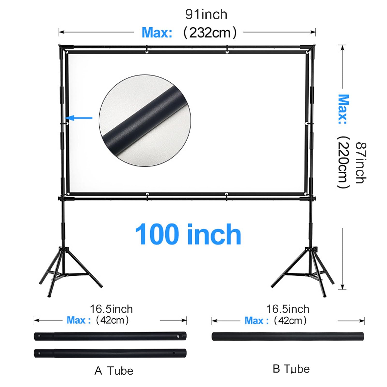 Schermo per Proiettore con Supporto, Telo per Proiettore Portatile da 84-150 Pollici per Interni/Esterni con Borsa, Ultra 4K 16:9 FHD Schermo Proiezione(100inch)