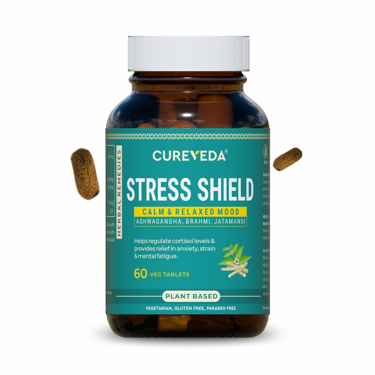 Cureveda Herbal Stress Shield Tablets- Support for Stress, Fatigue and Tension (Gold standard Ashwagandha, Brahmi, Jatamansi- General Wellness- 60 Tablets