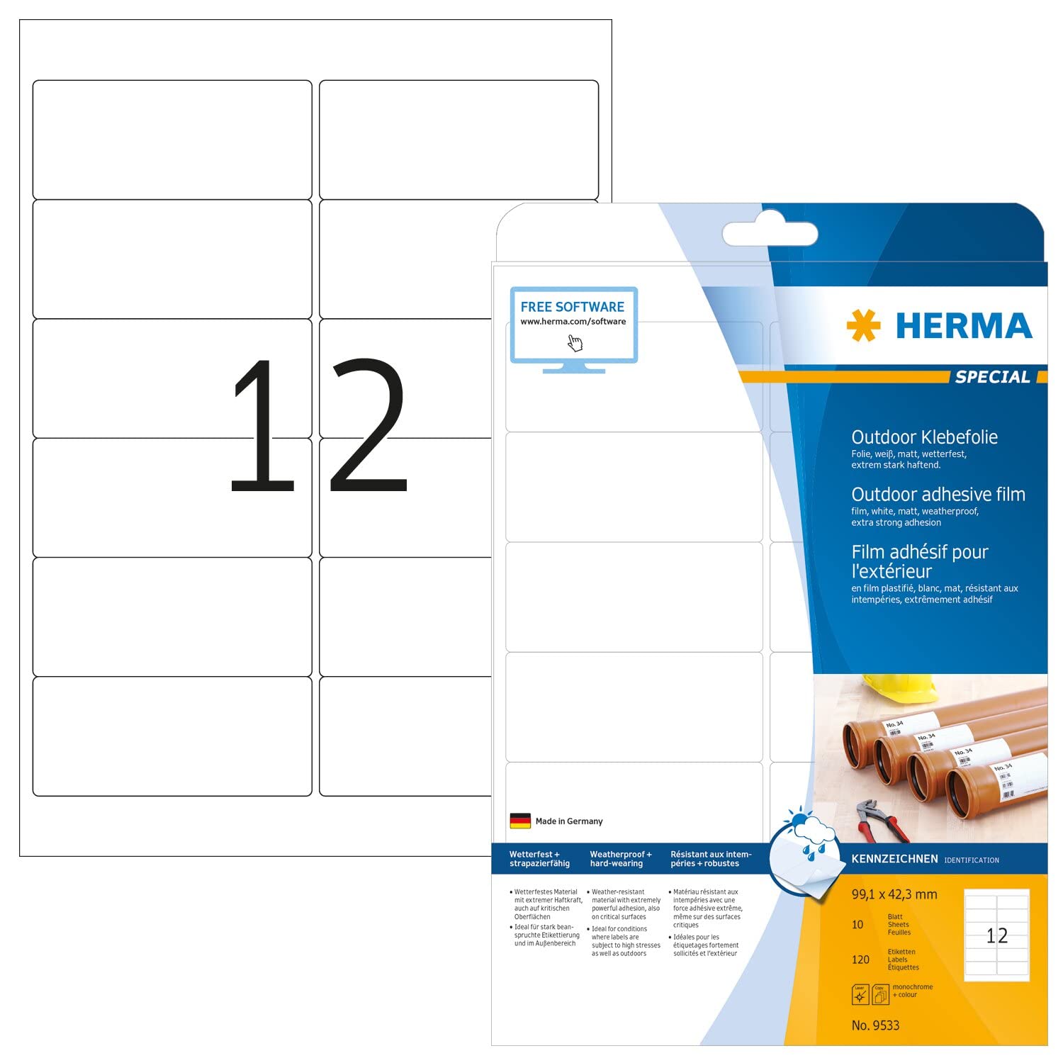 HERMA Stretchable Self Adhesive Weatherproof Foil Labels, 12 Labels Per A4 Sheet, 120 Labels For Laser Printers, 99.1 x 42.3 mm (9533), White