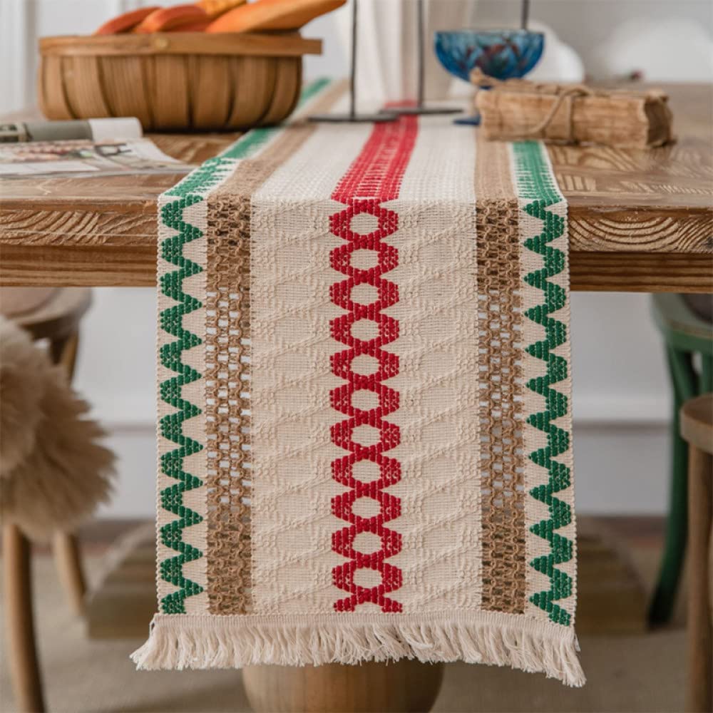 KASTWAVE Creative Bohemian Ethnic Table Runner, Colorful Plaid Cotton Linen Braided Tassel Rectangular Coffee Table Tablecloth Home Party Restaurants Kitchen Holiday Wedding Decorations (12"*70.8")
