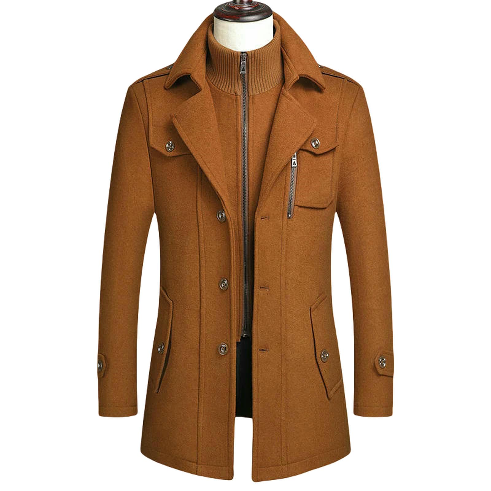 Cappotto Uomo Mens Cappotti Breve Inverno Imbottito Trench Coat per Casual Business Outwear Miscela Spessa con Collo Interno Rimovibile-Kaki-m