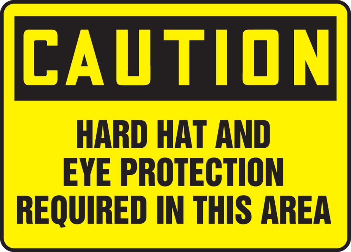 Accuform MPPE416VP Sign, "Caution Hard HAT and Eye Protection Required in This Area", 7" Length x 10" Width x 0.055" Thickness, Plastic, 7" x 10", Black on Yellow