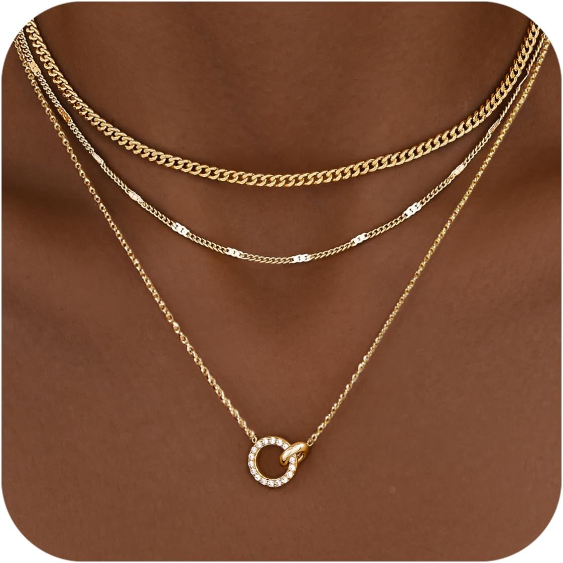 WomenGifts Layered Gold Necklaces for Women, 14K Gold Sterling Silver Plated Dainty Pendant Necklace Set with Cubic Zirconia Circle, Chunky Stackable Cuban Chain Choker, Trendy Personalized Birthstone Jewelry Gift Non Tarnish