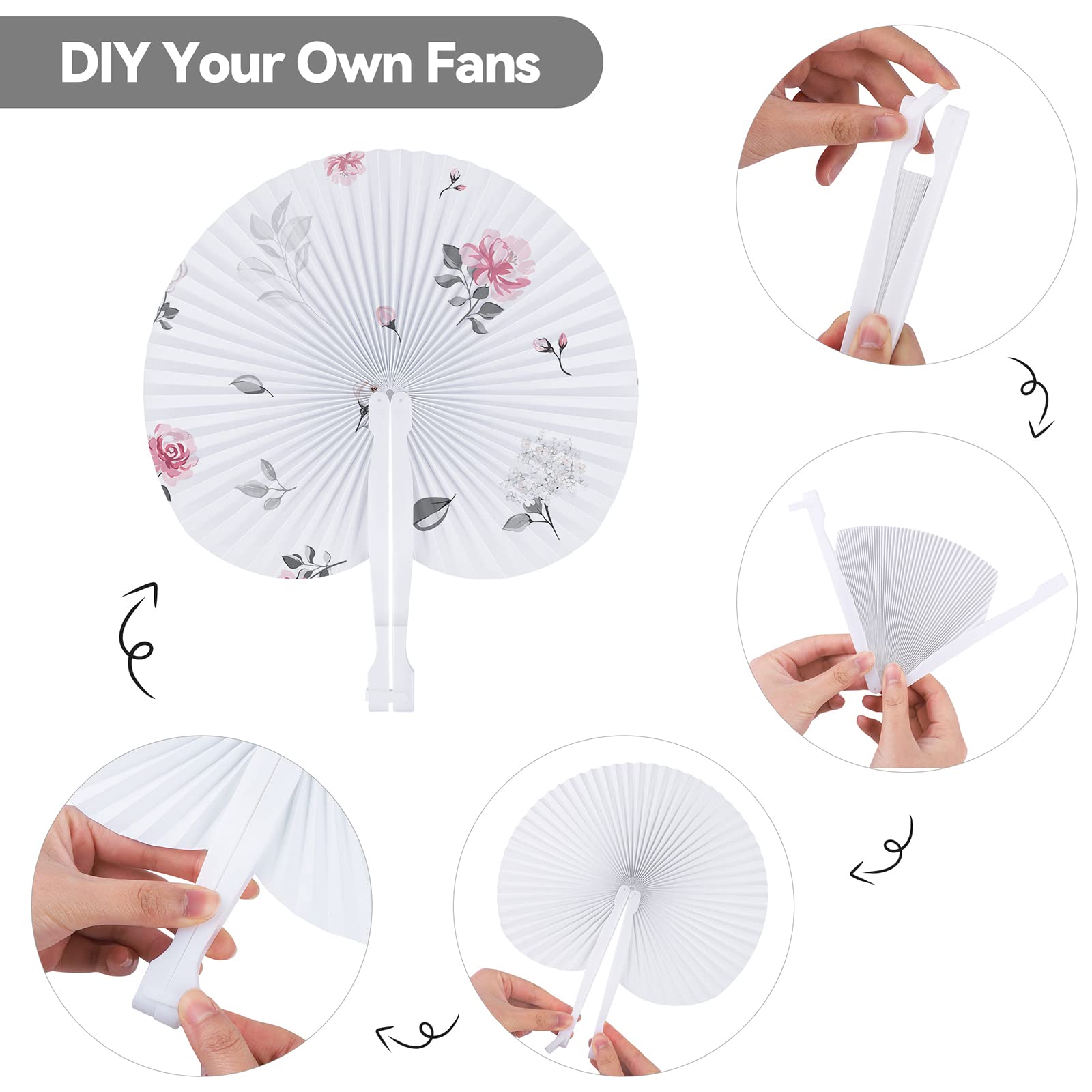 MCEAST 100 Stück weiße Party-Papierfächer Dekorationen Faltfächer Handfächer Runde Form Papierfächer mit Griff Handfächer für Hochzeit Geburtstag Party Gastgeschenke