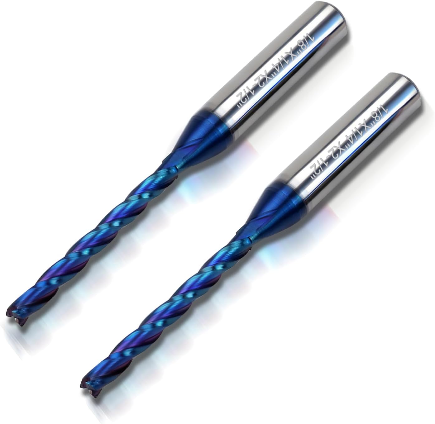 CNC Router Bits, 1/8" Cutting Dia 1/4" Shank, 3-Flute Upcut Spiral Solid Carbide End Mill with Blue Nano Coating for Wood, PVC, Aluminum, 2 PCS