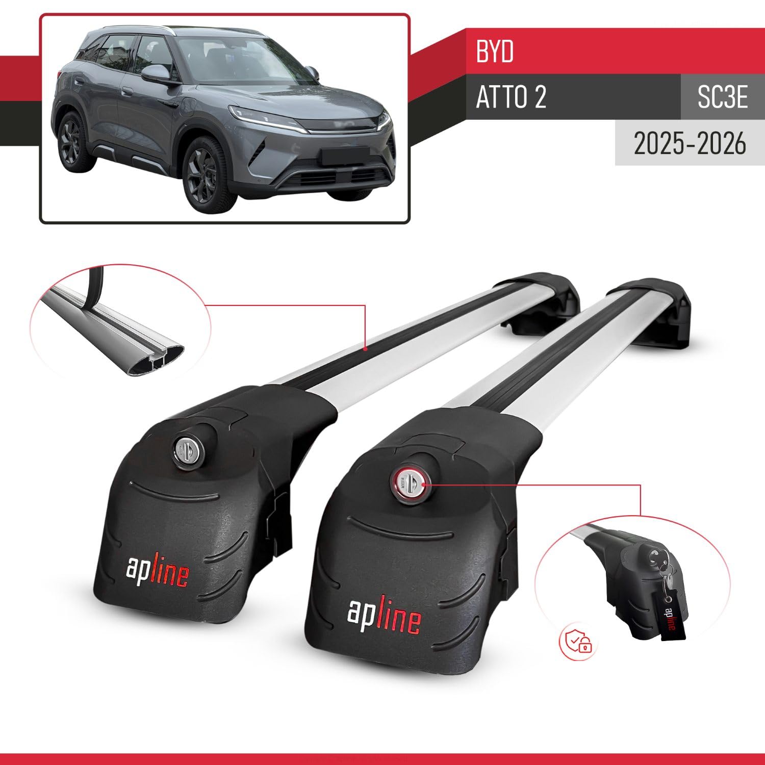 Compatible con BYD Atto 2 (SC3E) 2025-2026 Ace-2 Modelo Barras de Techo Auto Portaequipajes Barras Transversales Gris Aluminio Barras