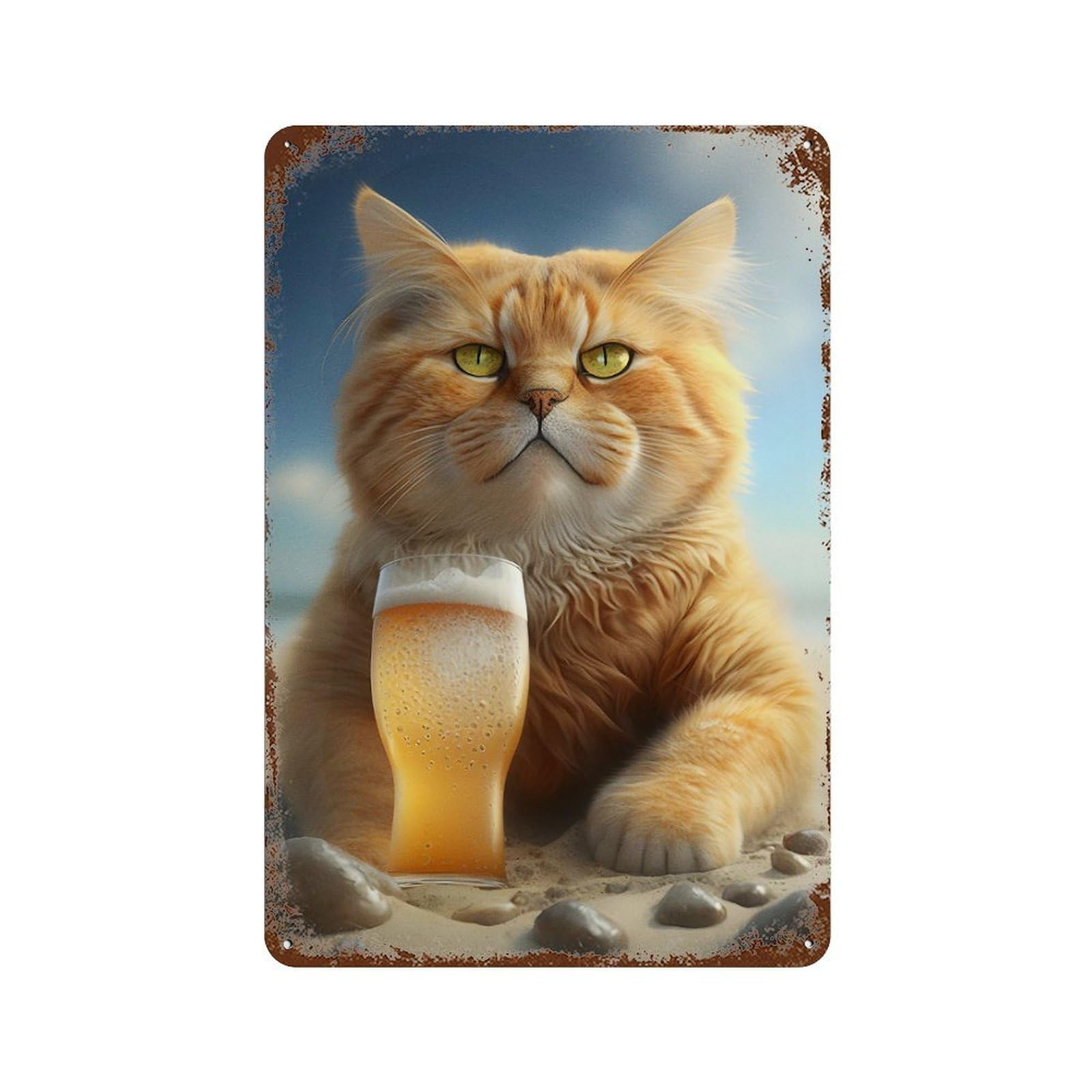 Garage Style Cat Drinking Beer Rusty Metal Tin Sign 11.8"x7.9", Classic Wall Plaque for Bar And Workshop