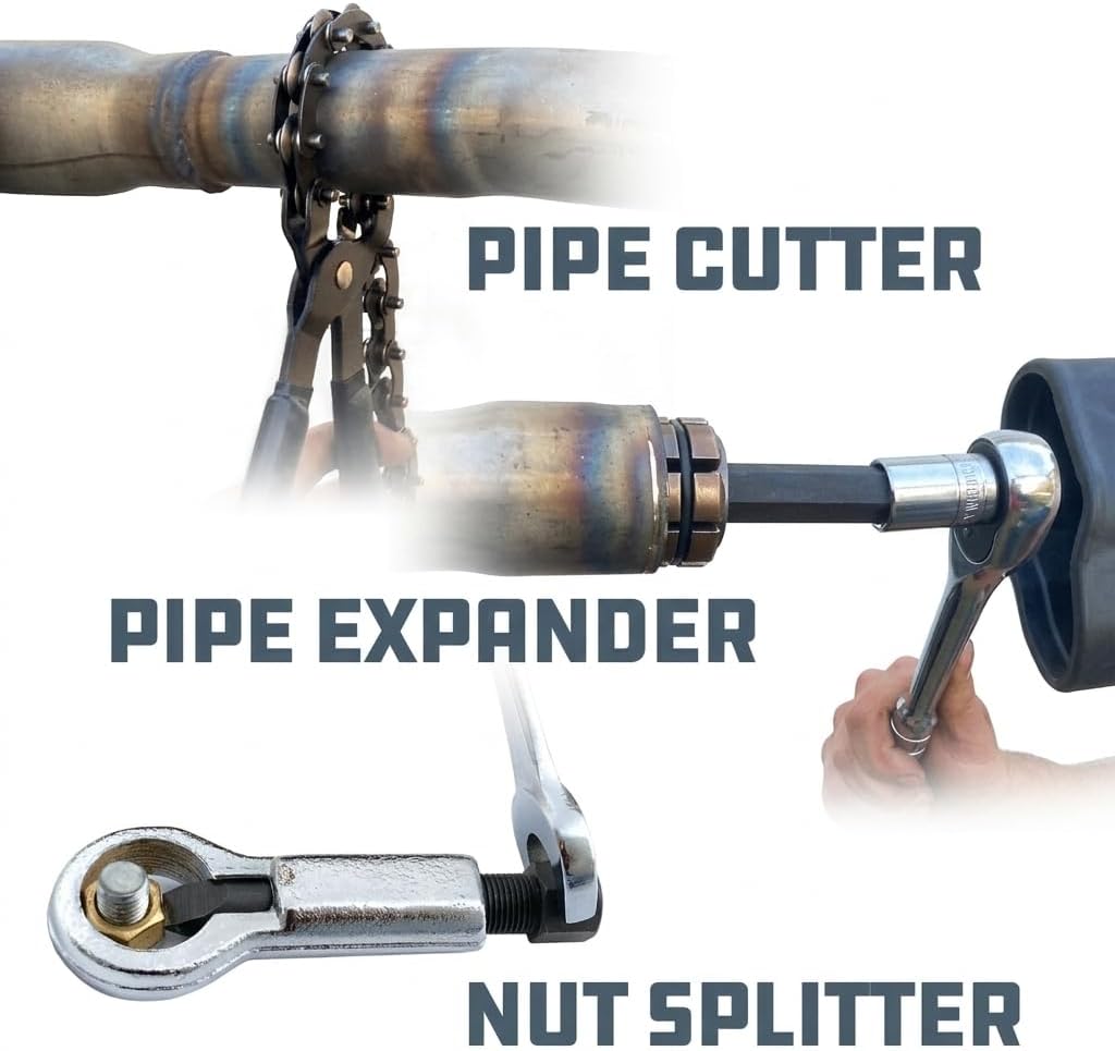 Powerbuilt 4 Piece Exhaust Pipe Tool Set, Repair Tailpipes, Expanders, Removing Dents, Chain Cutter, Nut Splitter, Import and Domestic Vehicles 648612