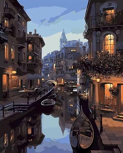 مجموعة رسم رقمي يمكنك تركيبه بنفسك بالأرقام، لوحة فنية قماشية بتصميم مشهد ليلي فينيس، ديكور حائط مع فرش وألوان اكريليك، مجموعة لوحات للبالغين، مقاس 40 × 50 سم