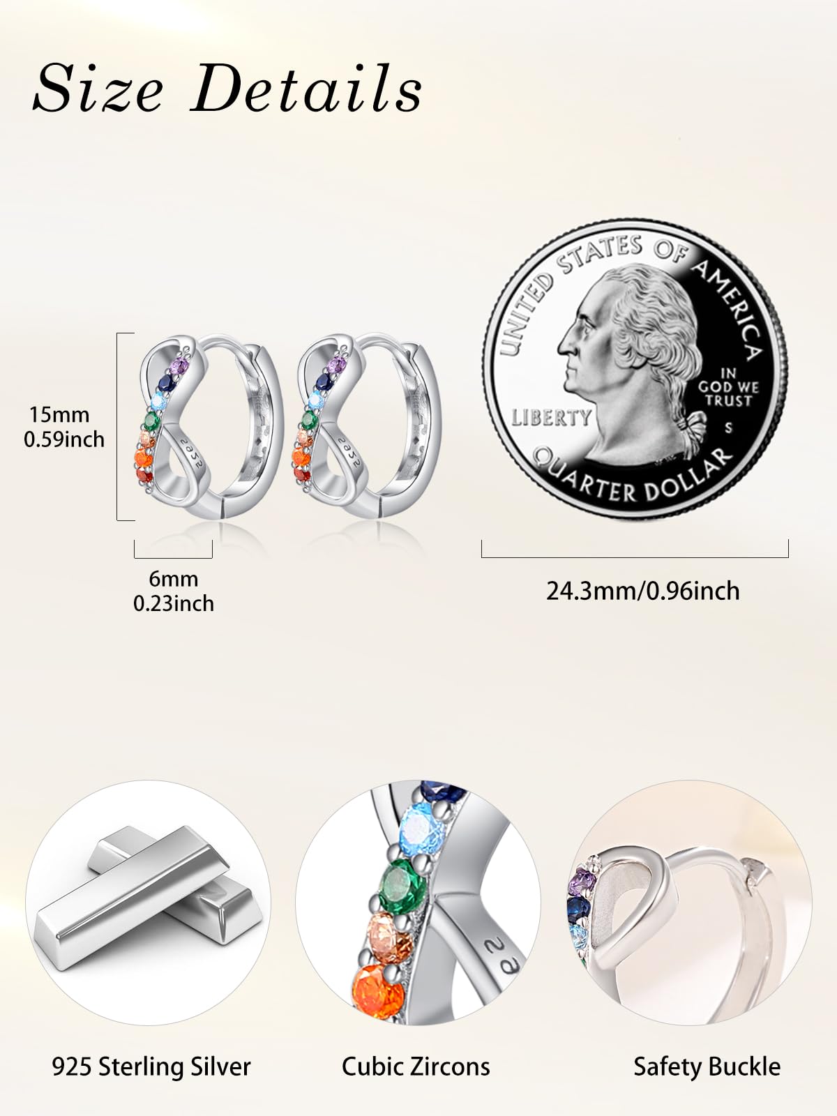 TANGPOET Kleine Creolen Silber 925 für Damen Frauen Regenbogen Zirkonia Infinity Ohrringe Chakra Huggie Creolen Scharnier Schmuck