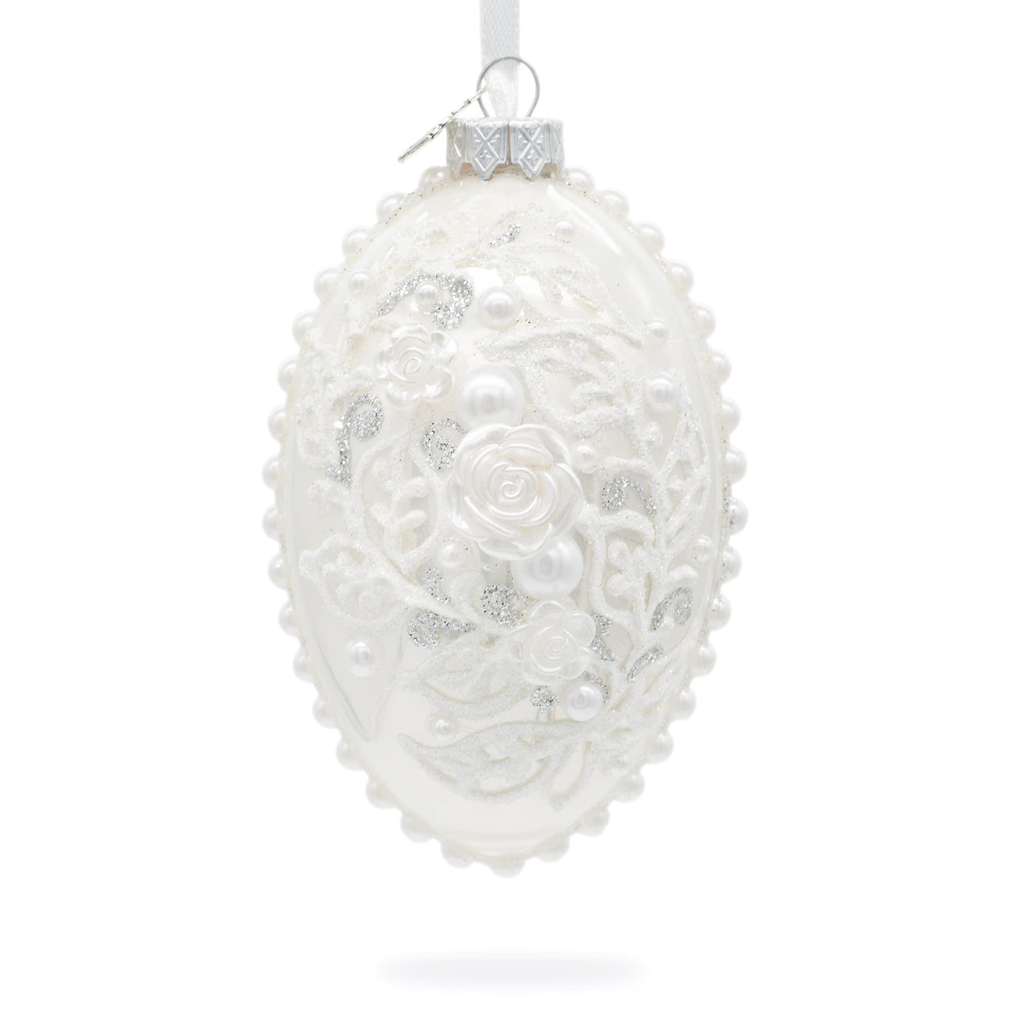 Huevo de vidrio con rosas decorativas de perla en 3D de 4 pulgadas para centro de mesa