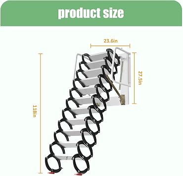 12 Steps Attic Ladder Folding Wall Mounted Ladder Black Loft Folding Ladder 10FT HeightAttic Ladder Pull Down System Steps Ladder Folding Pull Down Stairs for Attic Retractable Attic Stairs