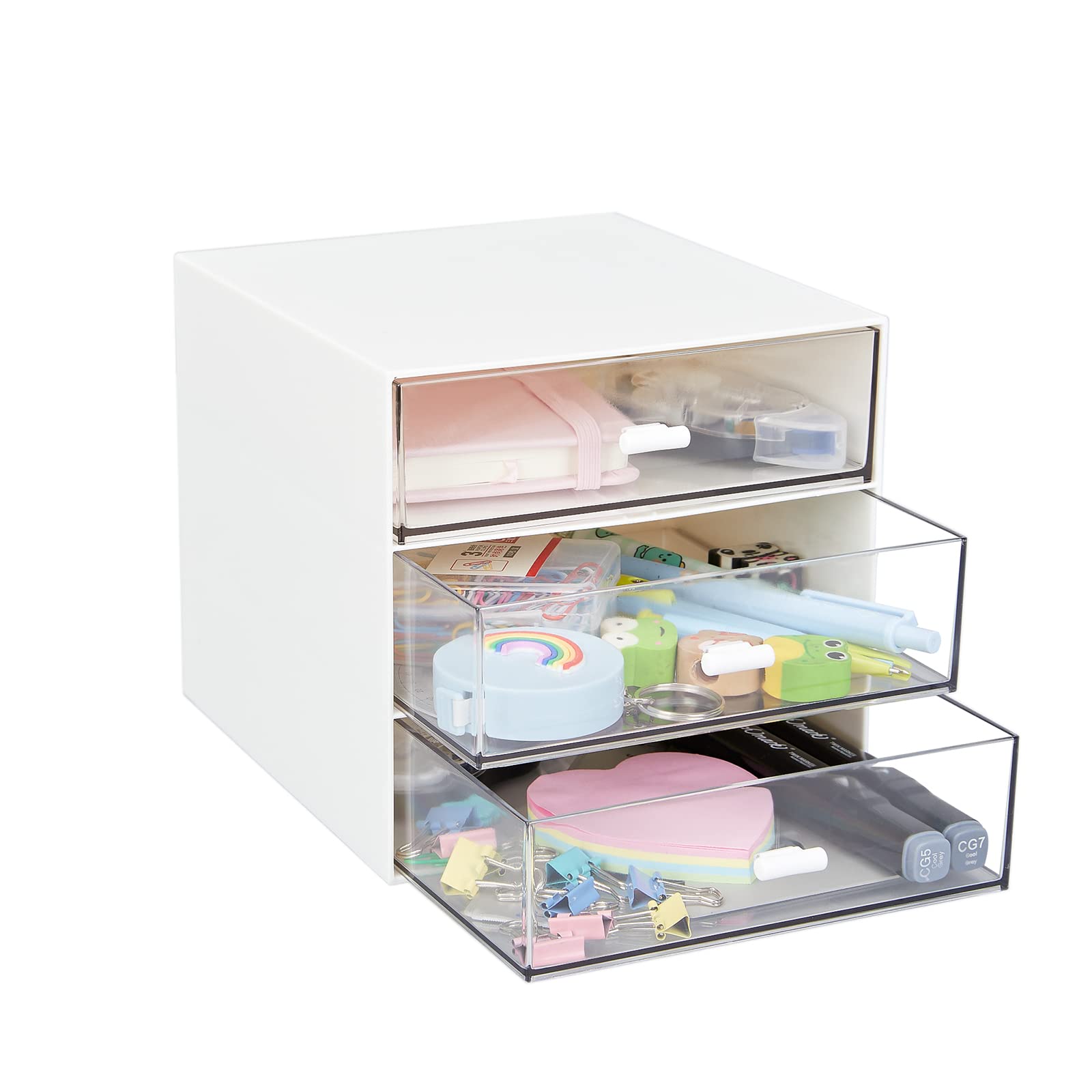 LETURE Desk Organizer with 3 Drawers, Clear Plastic Desk Storage Box, Desktop Organization for Office Supplies Gel Pens - Image 2