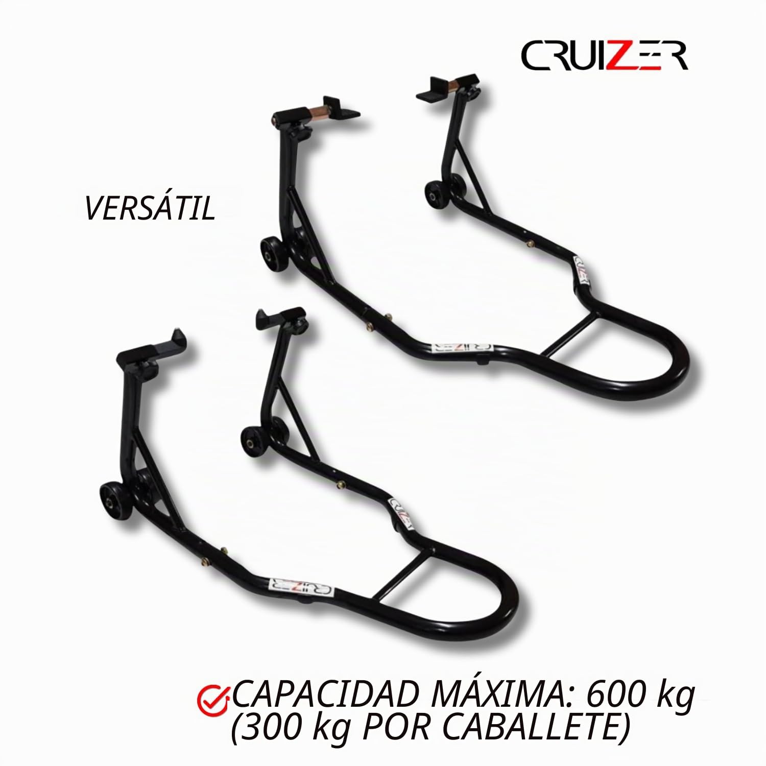 Cruizer – Caballetes negros para moto delanteros con enganches de conos y traseros con enganches de placas, ajustables con ruedas inferiores y barras de refuerzo laterales, carga total: 600 kg