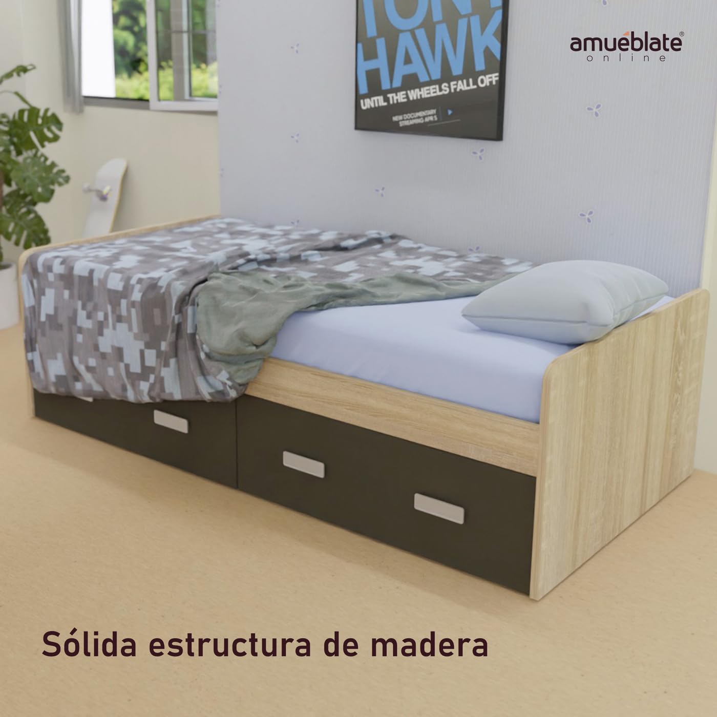 amuéblate online - Cama de Madera Reforzada con Dos cajones, Gran Estabilidad, Modelo Helsinki, Cama de 90x190, Color Puccini - Grafito