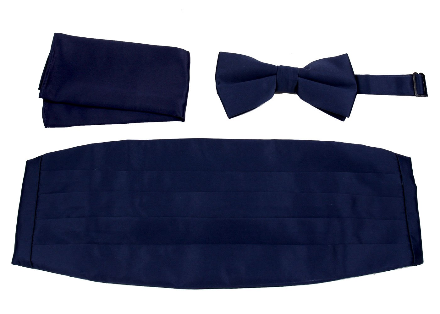 Mens Formal Woven Satin Cummerbund Pre-Tied Bowtie Hanky set - Many Solid Colors Available, Navy, One Size