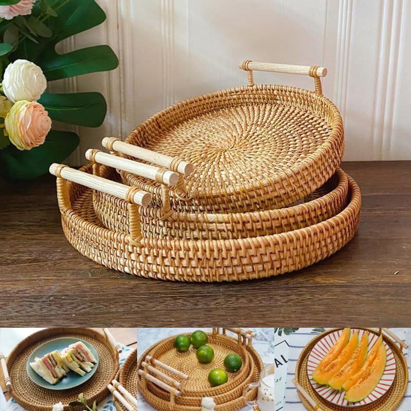 Set Di 3 Cestini Rotondi In Rattan Naturale Per Frutta E Pane – Ciotole Intrecciate Portatutto, Organizer Da Cucina, Stile Rustico - 2