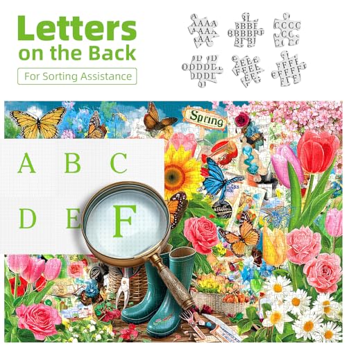 Image of Spring Garden Butterfly 500 Piece Jigsaw Puzzle for Adults Vintage Colorful Flower Art Tulips Sunflowers Puzzle with Letters on Back Fun Family Challenging Games Gift for Seniors (23 inchx15 inch)