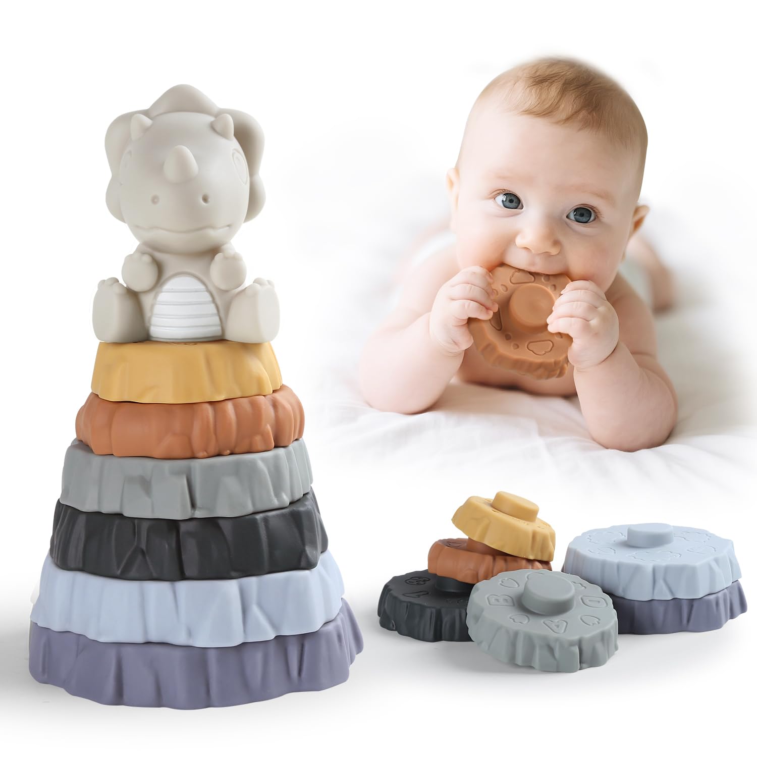 Yrkidstoi Stacking & Nesting Baby Toy, 7 Pcs Soft Ring Stacker Teething Toys with Dinosaur, Buliding Circles Sensory Learning Toys Gift for 6 12 18 Months Infant Toddler Boys Girls