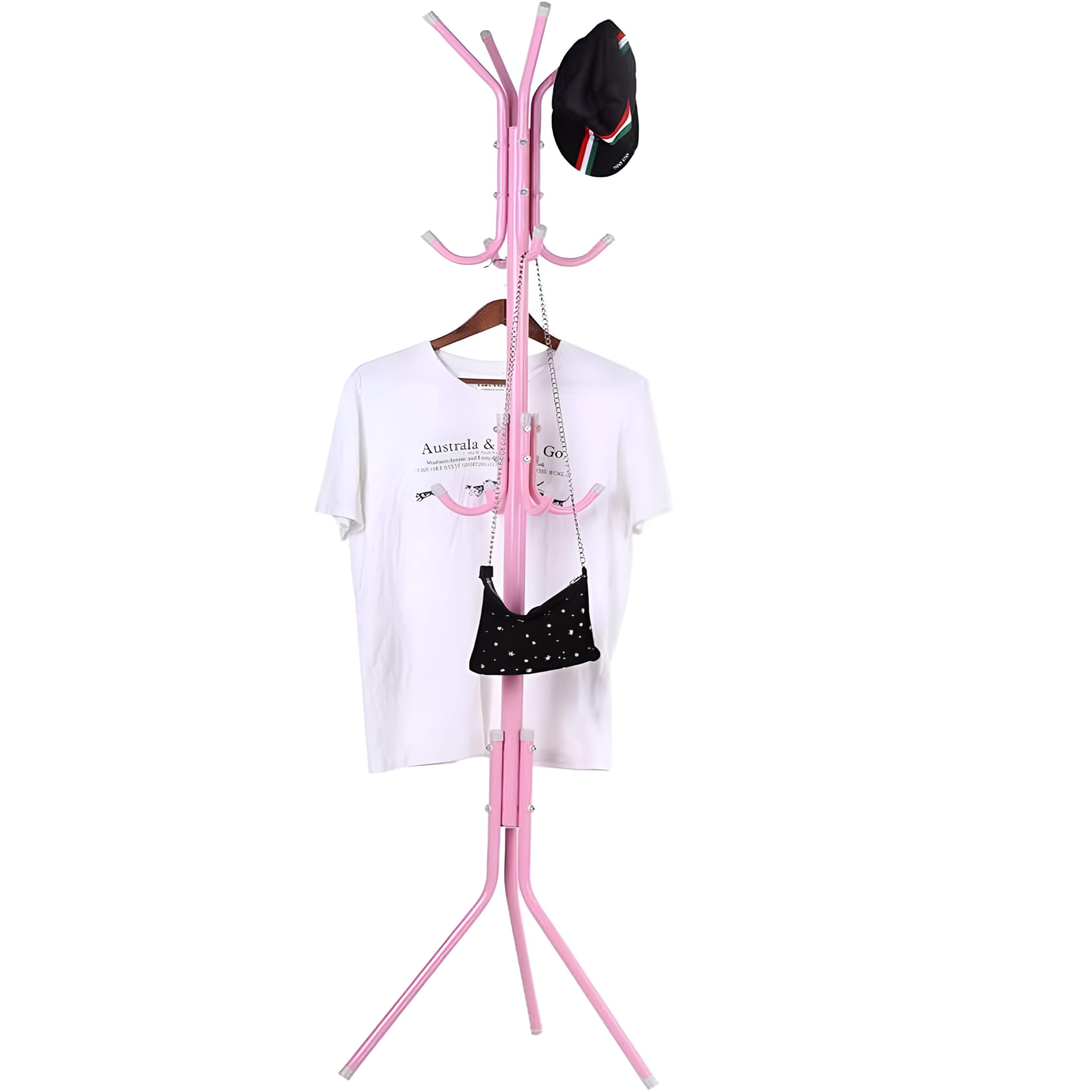 NTEK Coat Stand Metal Coat Rack, Free Standing Coak Rack Metal, 12 Hooks Metal Clothes Stand Rack Hat Jacket Hanger, Handbag Umbrella Hanging Organiser for Homes Office Entryway Hallway (PINK)