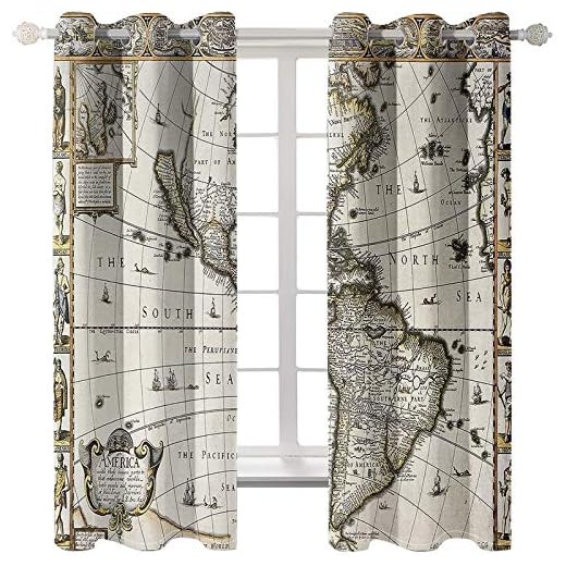 AmDxD 2 paneler 100 % polyester duschdraperi, gardiner sovrum mörkläggning världskarta gardiner, maskintvättbar, gul beige, 203 B x 130 L cm