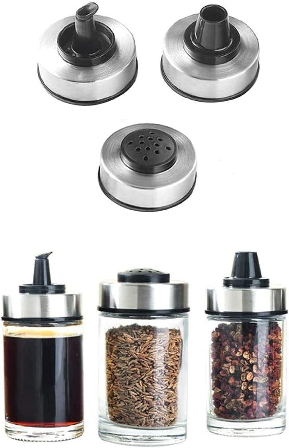 Juego de 6 especias, dispensador de aceite de sal pimienta y vinagre con soporte giratorio, soporte esencial para condimentos de cocina para aderezos y salsas para hombres